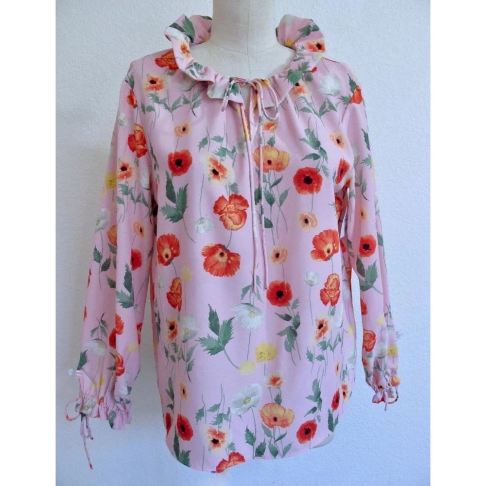 Gibson Latimer Poppies Floral Top Blouse Large Ruffle Detail Pink Orange Yellow